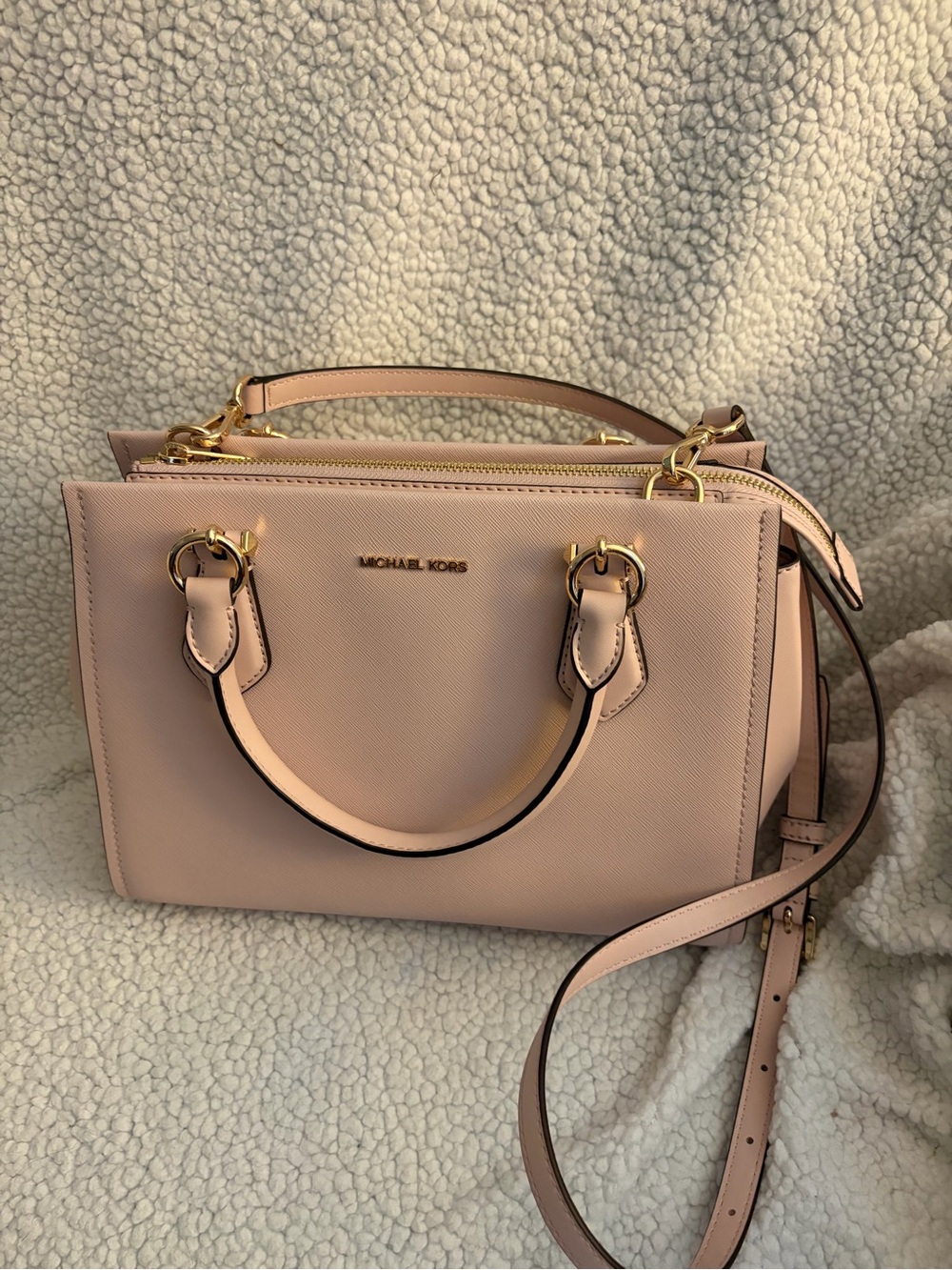 MICHAEL KORS Pale Pink Saffiano Leather Satchel with Gold Hardware